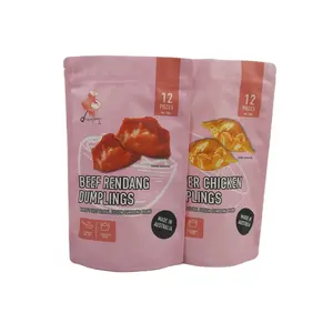 定制印刷大尺寸快餐饺子袋粉色拉链冷冻食品牛肉饺子塑料包装