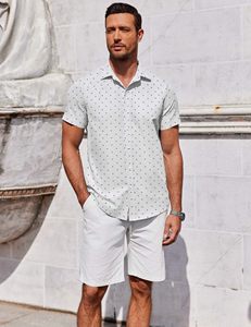 Men's White Short Sleeve Stand Collar Button Shirt Custom <b>Mini</b> <b>Print</b> Casual Summer Beach Breathable Knitted Soft - Product Image 3