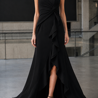 Robe de soirée noire sirène à col en V, taille nouée, volants en cascade et fente, pour invitée de mariage, sur mesure, vente en gros