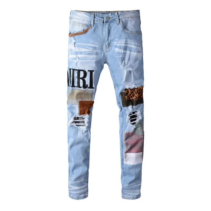 Men's jeans high quality light blue embroidered leopard patch patch Slim hole brand jeans
