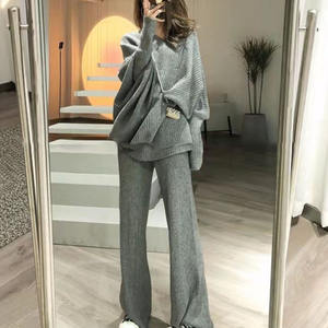 Pantaloni lunghi a gamba larga da donna 2 pezzi Set di maglioni maglieria Casual completi da donna in maglia coreana manica due pezzi - Product Image 3