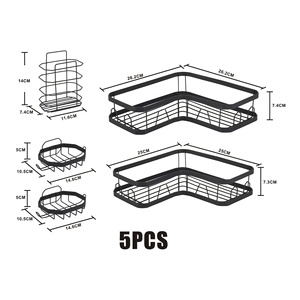 Nouvelle conception de panier de douche d'angle de salle de bain en métal sans perçage, 5 en 1, étagère de salle de bain adhésive, organisateur de rangement avec crochets - Product Image 3