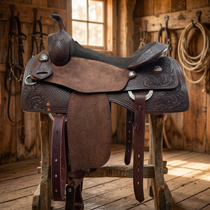 Silla de montar western profesional de cuero genuino marrón con guardabarros de cuero rugoso y asiento de gamuza, equipo de equitación personalizado - Product Image 2