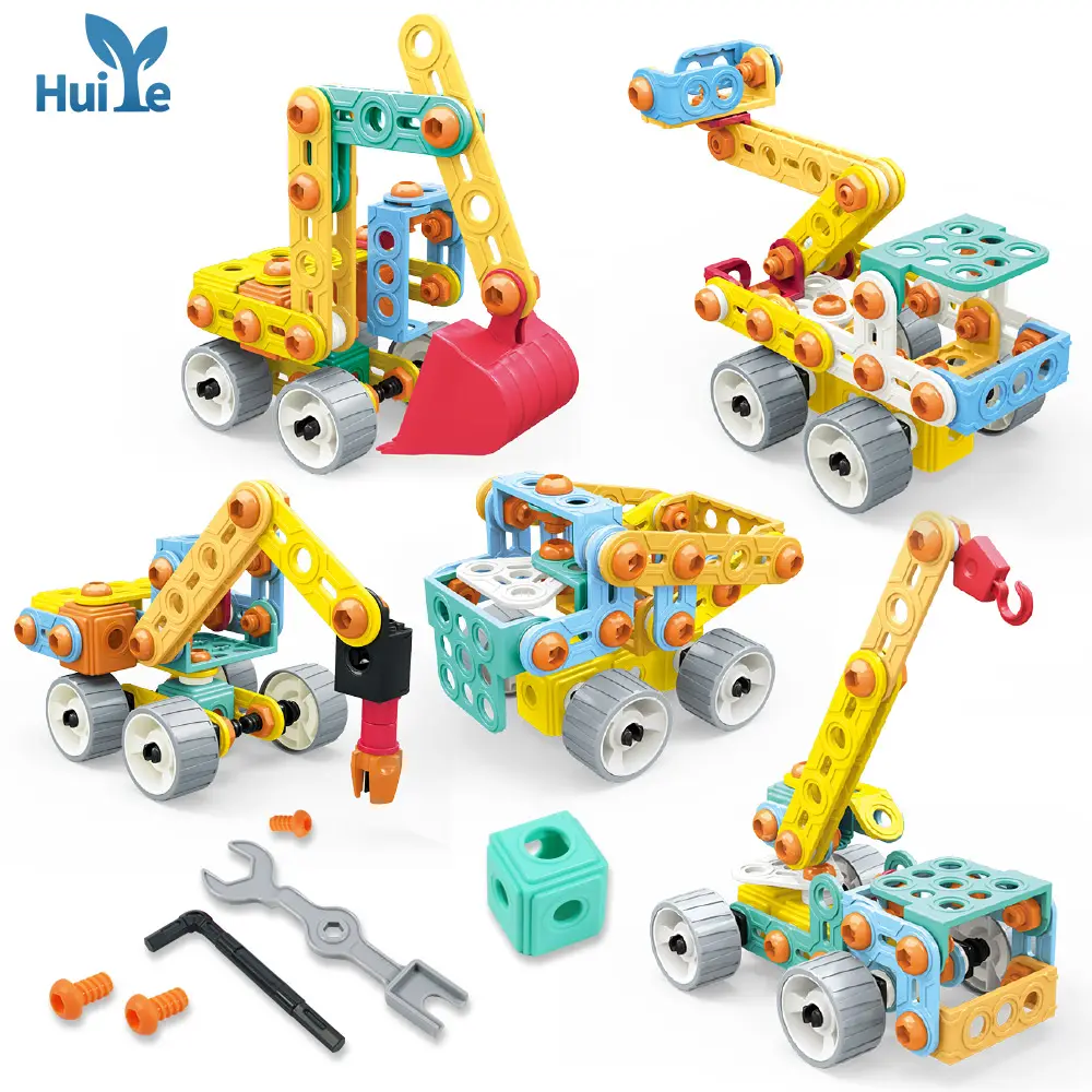 Huiye 3d Puzzle Game Diy Excavator Assembly Construction Building Block 9 In 1 Model Sets Stem Screw Soft Building Blocks Toy