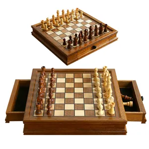批发12.8 “x 12.8” 磁性木制象棋套装，带2个内置储物抽屉2个额外的皇后区棋子