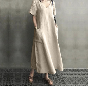 V-neck Cotton Linen <b>Loose</b> <b>Dress</b> Women Summer Casual Solid Color Vintage Style Daily Wear Long Sleeveless <b>Dress</b> - Product Image 3