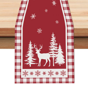 Runner da Tavola <span class=keywords><strong>Vintage</strong></span> Natalizio a Quadri Rossi e Bianchi con Motivo di Pini e Renne, Lavabile per Decorazione <span class=keywords><strong>Cucina</strong></span> e Sala da Pranzo - Product Image 1