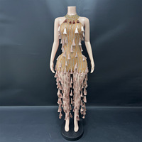 Novance Y5997 Nouvelle Tendance Tenue de Scène pour Femme Adulte, Body à Strass Halter à Franges Nude pour Spectacle de Danse