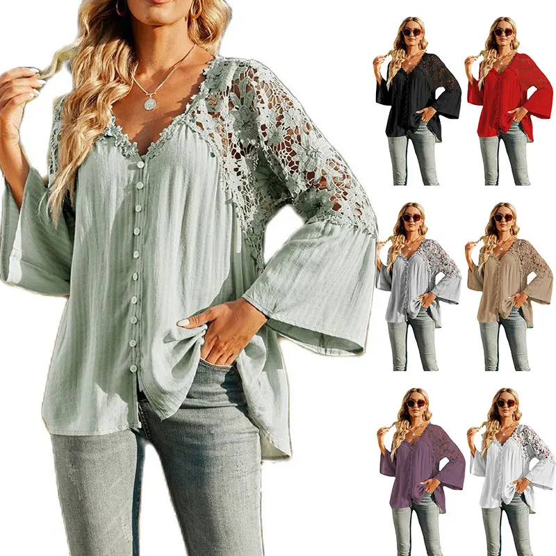 Silvia Women Trendy Blouses Casual Loose button down Tops Pullover Hollow-Out Lace Long Sleeve floral embroidery Shirts