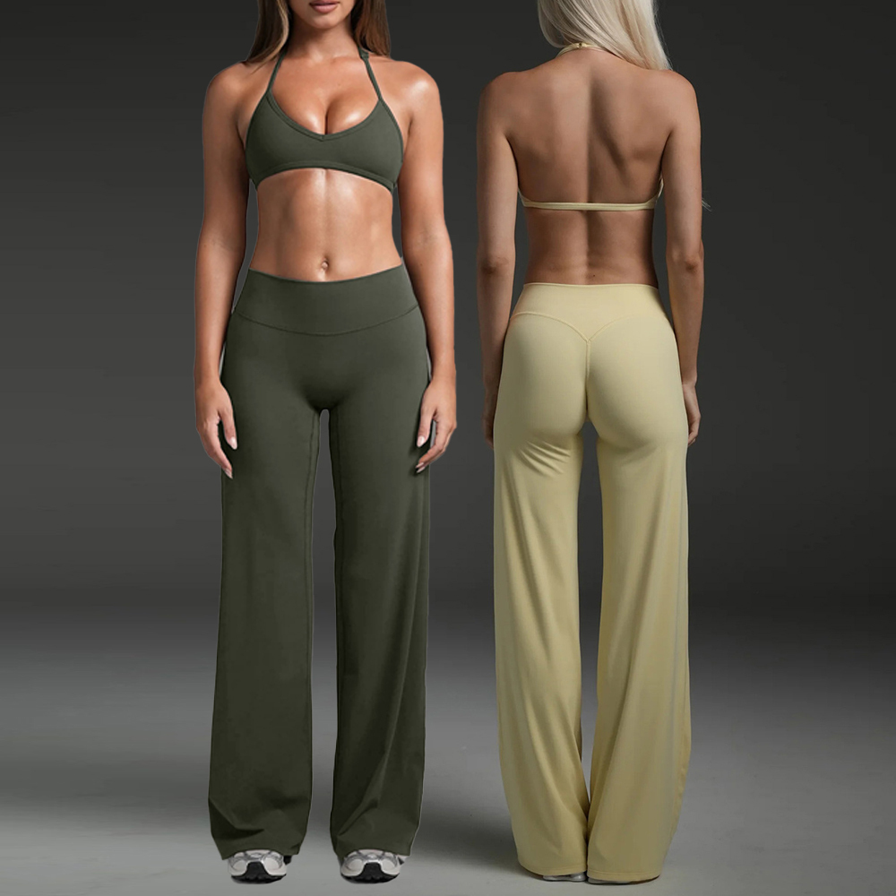 Custom Logo Yoga Fitness Gym Sports Halter Adjustable Bra Wide Flare Pants Workout Set For Woman