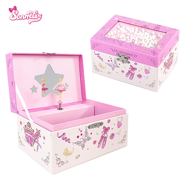 Eco-Friendly Paper Ballerina Rotating Clockwork Toy Music Box 18-Note Wind-Up Floating Beads Lid Built-in Mirror Pink Princess