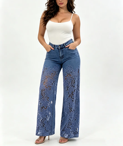 Livraison Rapide Jean <span class=keywords><strong>Femme</strong></span> Taille Haute Ample à Jambes Larges avec Patchwork de Dentelle, Pantalon en Denim Décontracté d'Été, Style Streetwear - Product Image 4