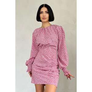 Vestido ajustado fucsia con lunares, cuello redondo, con lazo en la cintura, para uso diario, tela tejida, estilo casual. - Product Image 2