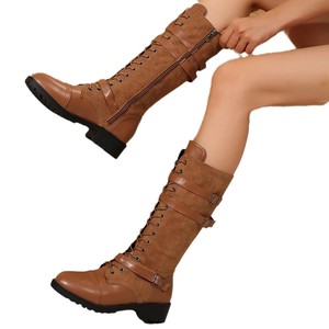 Bottes hautes pour femmes, style européen et américain, à bout rond, en PU et denim patchwork, à lacets, style motard, polyvalentes, tendance, confortables et originales - Product Image 5