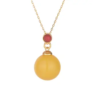 Chinese Style Simple Design Amber Beeswax Artificial Jade Pendant Necklace 24K Gold Plated for Anniversary Gifts