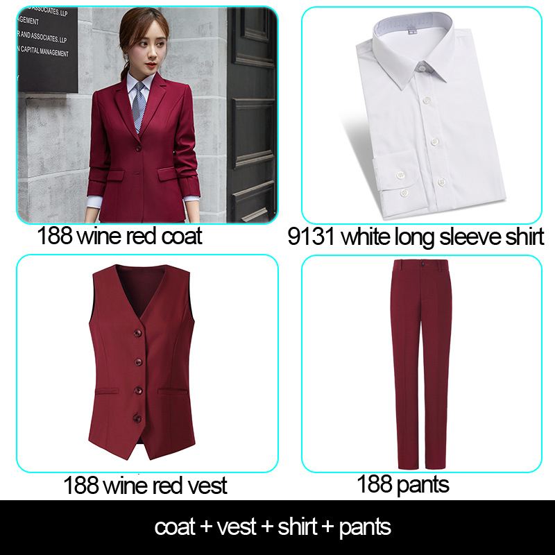 women's wine red coat+ants+vest+white shirt
