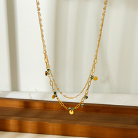 Bijoux rétro en acier inoxydable plaqué or 18 carats pendentif à disque rond pierres vertes naturelles collier à breloques double couche pour femmes