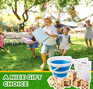 Jeu de dés géants <span class=keywords><strong>en</strong></span> <span class=keywords><strong>bois</strong></span> de 3,5 pouces pour événements de barbecue, jeux de jardin et jeux de pelouse, incluant 6 dés, un seau pliable et des cartes de scores - Product Image 4