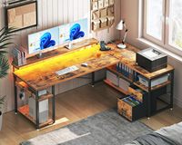 Bureau d'ordinateur de jeu en bois avec éclairage LED RGB en forme de L, grand bureau d'angle avec tiroirs de rangement et prises électriques