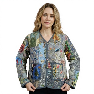 Quilted <b>Patchwork</b> <b>Jacket</b> Women V-Neck Full Sleeve Printed Autumn Outerwear Button Closure Regular Length gift for her - Product Image 1