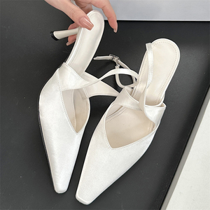 Factory New Summer Bridal Shoes Satin <b>Pointed</b> Stiletto High Heels Mary Jane Shoes Elegant French Soft Ladies Sandals - Product Image 6