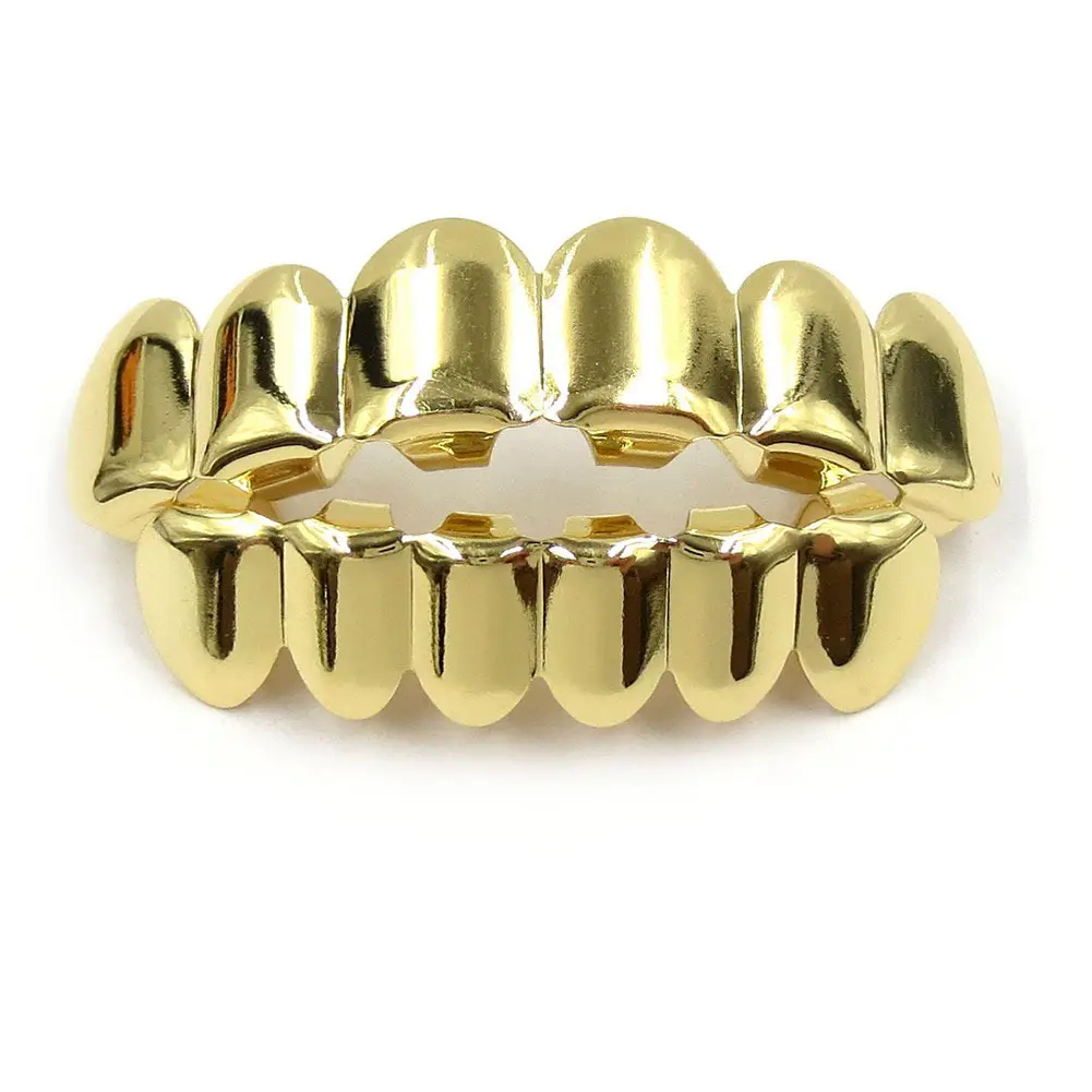 Hip Hop Polished Bling Real Gold Color Teeth Grillz Top Bottom Grills Set Body Jewelry