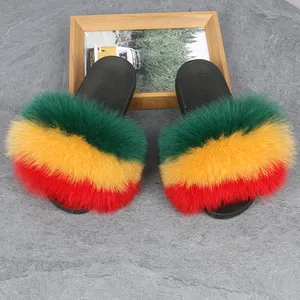 2023 factory price fur ladies colorful real furry fox fur slippers plush women shoes faux fur slippers for women and ladies