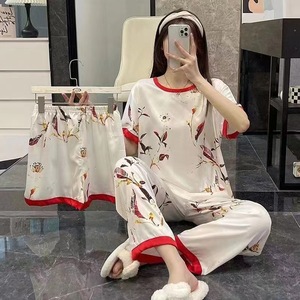 Vrouwen Pyjama Zomer Korte Mouwen Broek 3 Stuks Set Homewear <span class=keywords><strong>Cartoon</strong></span> Casual Koreaanse Pyjama Pak Cool Zachte Melk Zijde Nachtkleding - Product Image 2
