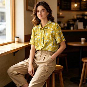 Camisa Holgada de Moda Vintage con Estampado Floral de Dibujos Animados para Mujer, Manga Corta, Cuello con Botones, Tejido de Poliéster, Estilo Casual para Primavera/Verano - Product Image 2