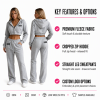 Ensemble de survêtements 2 pièces personnalisés pour femme, en coton bouclette 400 g/m², avec pantalon de survêtement et sweat à capuche court zippé – Fabrication OEM/ODM