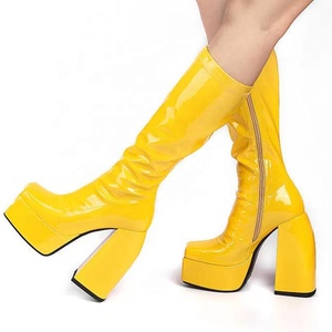 Fashion Square Toe Short Winter <b>Boots</b> Thick Platform High Chunky Heel Women's Knee High <b>Boots</b> Zipper Patent Leather 43 - Product Image 2