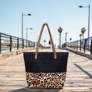 Sac de plage en paille pour voyage en plein air, grande capacité, sac fourre-tout léopard pour femme, sac en paille tressé décontracté - Product Image 4