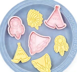 <span class=keywords><strong>Emporte</strong></span>-pièce 3D en relief pour biscuits, motifs dessin animé, plume et tente de l'homme primitif, pour la pâtisserie DIY - Product Image 1