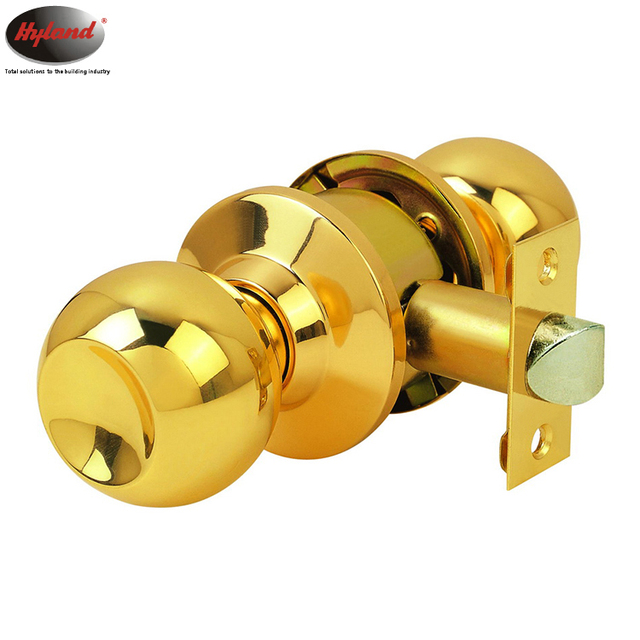 Passage Keyless Cylindrical Knob Door Lock, Hyland OEM High Quality 587PB PS Polished Brass, Double Side Round Ball Door Lock