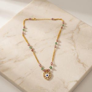Collar con Colgante de Corazón en Rodio Natural Personalizado, Cadena con Cuentas de Cuarzo Rosa y Ágata Verde, un Regalo Ideal para Mujeres - Product Image 4