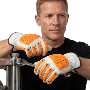 Gants de travail en cuir blanc avec paume et doigts antidérapants orange, poignets froncés, gants de sécurité polyvalents - Product Image 2
