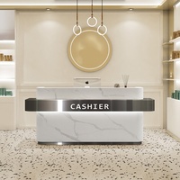 Bureau de réception moderne minimaliste en bois massif avec logo personnalisé pour salon de beauté, spa, institut de manucure, hôtel, hôpital et supermarché
