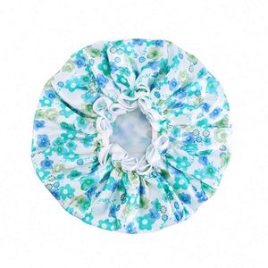 Waterproof Satin Lined <b>Extra</b> <b>Large</b> Dual Layer PE Fabric Adjustable Shower Cap Bath Hat for Unisex Daily Beach Use - Product Image 5