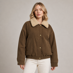 Women's Unisex Button Up Bomber Coat <b>Brown</b> <b>Corduroy</b> Sherpa Lined <b>Jacket</b> with Pocket for Casual Outdoor Wear - Product Image 1
