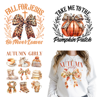 Autocollants thermocollants DTF pour t-shirts et sacs, motif floral d'automne, nœud coquette, religieux Jésus, automne, girly, emmène-moi au patch de citrouilles
