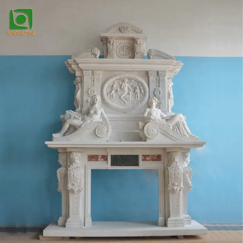家の装飾2層天然石彫刻白い大理石自立型暖炉サラウンド