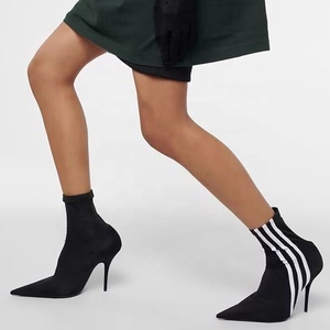 Four Seasons Short Elastic Boots Sexy Thin High Heels Pointed Toe Stripe <b>Shoes</b> Women's Stretchy Ankle Booties - Product Image 1