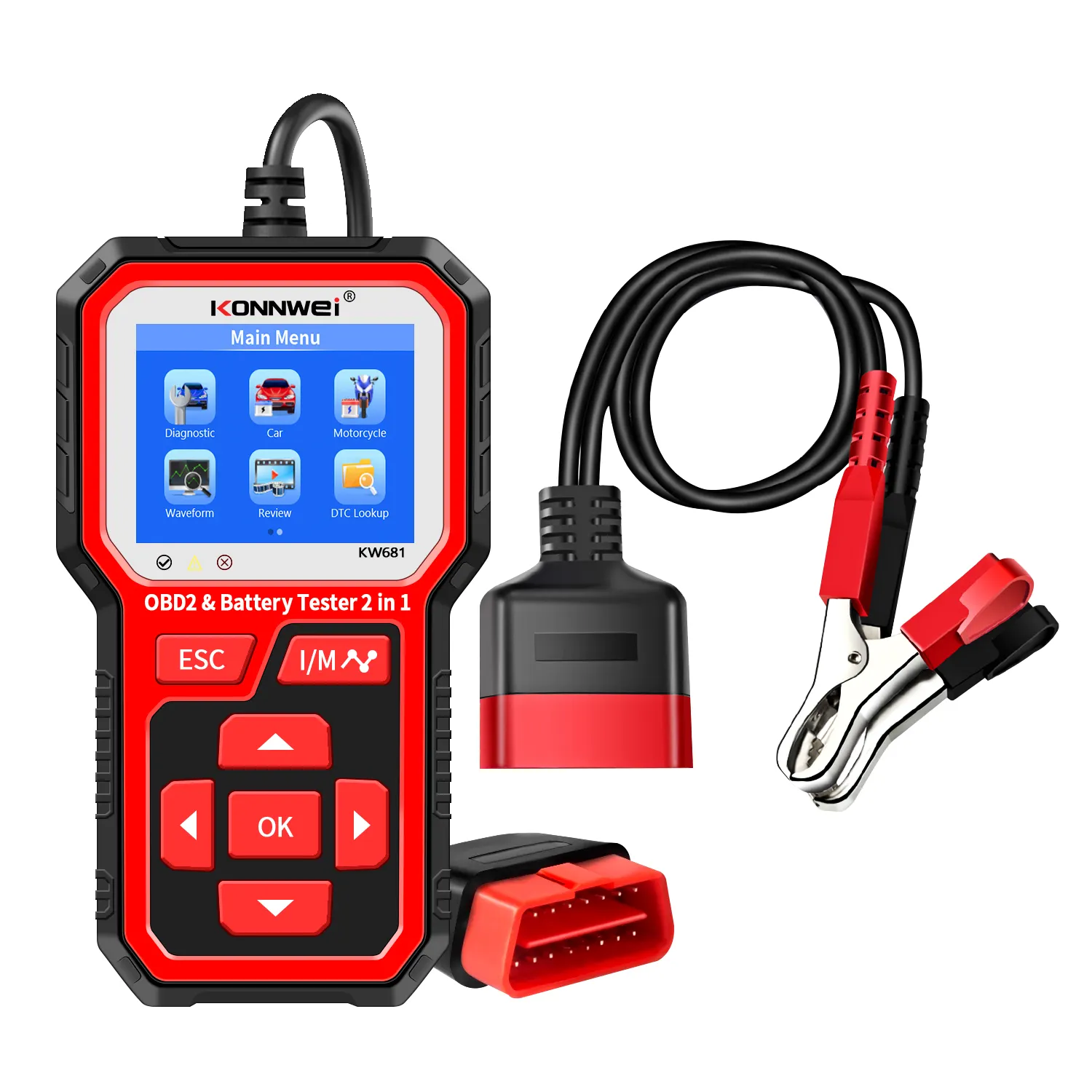 KONNWEI Penguji Baterai Motor Mobil KW681 6V 12V, Alat Diagnostik Obd2 Otomatis 2in1 2000 CCA Otomatis OBD2, Pemindai Pembaca Kode untuk Mobil