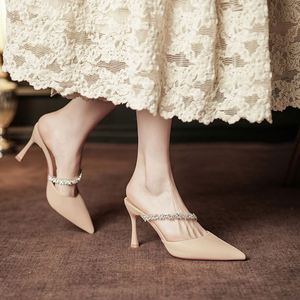 French Style <b>Pointed</b> <b>Toe</b> <b>Mule</b> Sandals, Women's Stiletto Heel Slip-On Shoes with Rhinestone Strap, Elegant Dress Footwear - Product Image 1