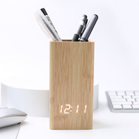 Reloj Despertador Electrónico Creativo de Madera con Portalápices, LED, Control por Voz, Calendario Perpetuo, Hora Mundial, para Dormitorio, Oficina, Sala de Estar