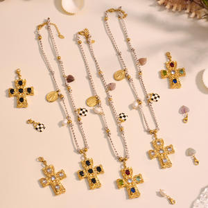 Trendy Edelstahl Kreuz Anhänger Halskette mit Süßwasser perle und Naturstein langen geometrischen Multi-Zubehör Schmuck - Product Image 1