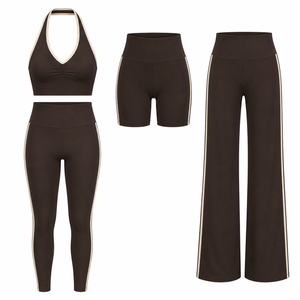 Ensemble de yoga marron uni, soutien-gorge de sport à taille haute et dos nu, leggings longs à taille élastique, bordure contrastante, sans couture, en Spandex et Nylon - Product Image 5
