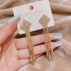 Zhi Ling Gold Square Rhinestone Tassel Drop <b>Earrings</b> S925 <b>Post</b> Party Fashion - Product Image 1