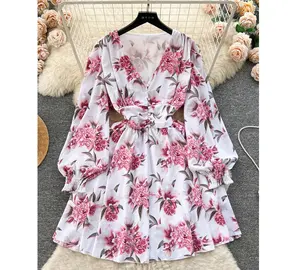 Ropa de mujer personalizada de diseñador OEM, vestido elegante de manga larga con escote en V profundo para mujer, minivestidos de gasa con estampado Floral para mujer-