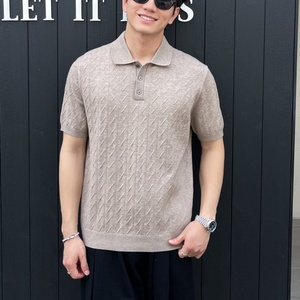Polo en tricot texturé élégant pour homme, pull à manches courtes en mélange doux d'acrylique, polyester, nylon et Tencel pour un style business décontracté - Product Image 6